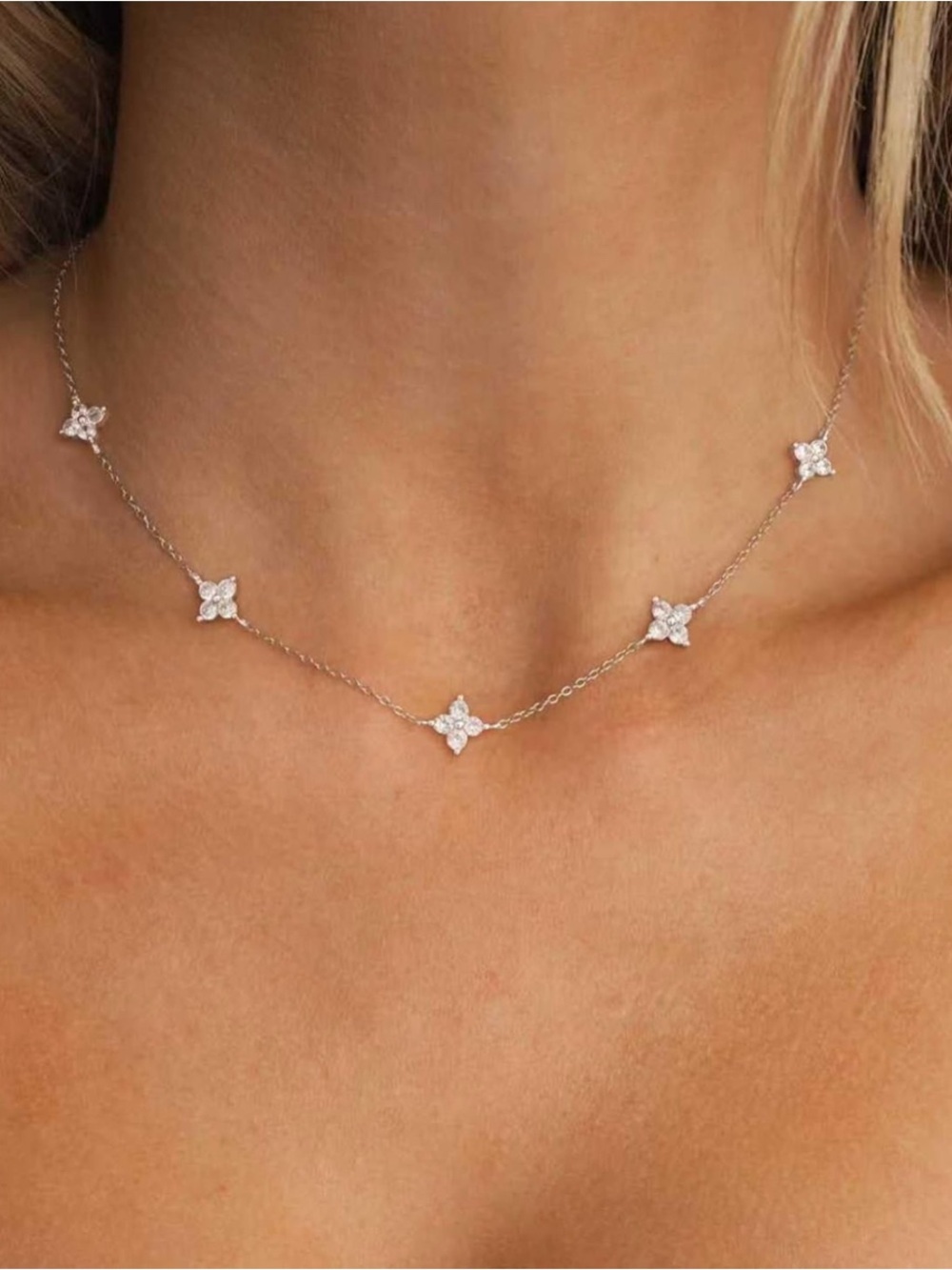 Delicate Trendy Silver Floral CZ Station Necklace